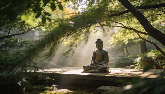 Zen garden buddha meditating on stone platform with sunbeams filtering through maple canopy