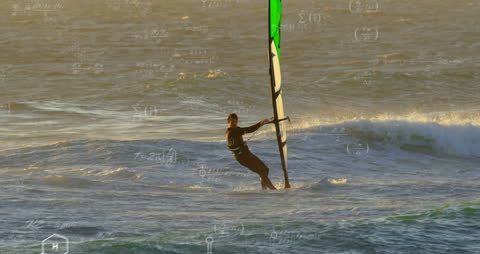Man Windsurfing with Mathematical Formulas Overlay