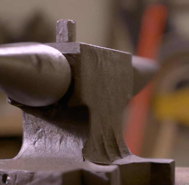 Close up of steel anvil lying on table in workshop. Craftsman, workshop and blacksmith concept.