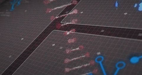Scanning neon circuit interface with red filament node chain on dark grid