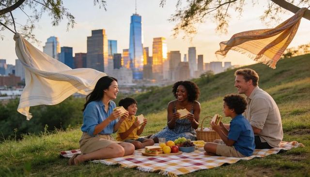 Multicultural family enjoying sunset picnic on hill with city skyline and sandwiches