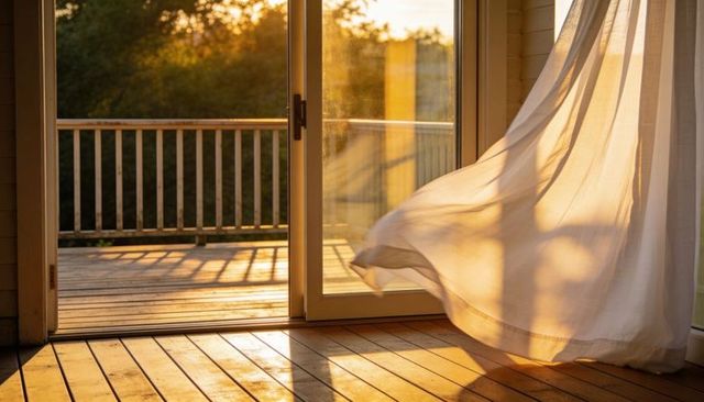 Billowing sheer curtain casting golden sunset light over wood floor and open deck porch