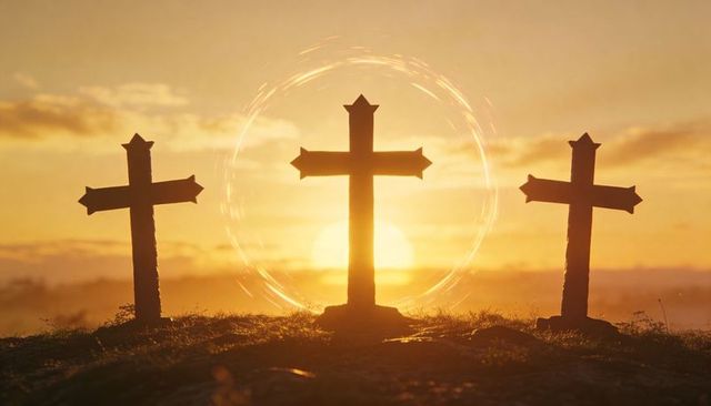 Three wooden crosses at sunrise with haloed central cross on hilltop, golden hour symbolism