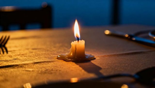 Melting Candle Casting Warm Amber Glow on Tablecloth Closeup Romantic Dinner Mood