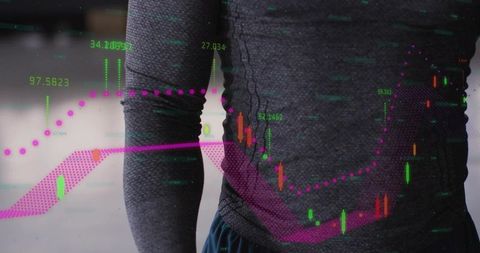 Athlete wearing smart shirt displaying fitness data overlay and candlestick analytics