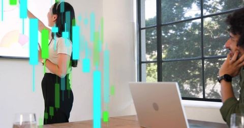Businesswoman presenting financial charts with candlestick overlay in modern office meeting