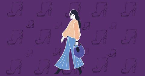 Trendy woman walking on fashionable shoes patterned background