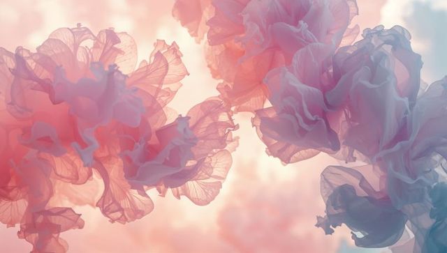 Floating pastel ink veils drifting in soft backlight, abstract fluid dye textures