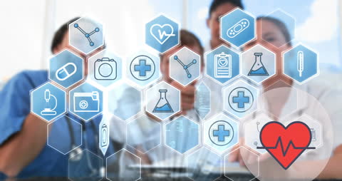 Doctors Collaborating with Medical Icons Displayed Across Digital Interface