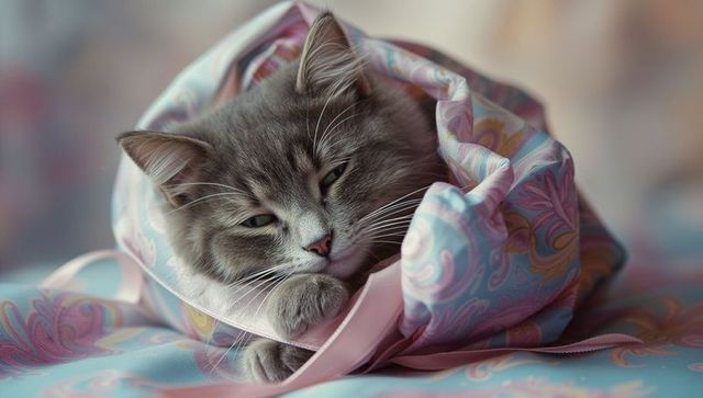 Gray tabby cat relaxing in cozy paisley pouch