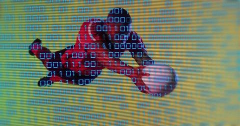 Athlete dribbling basketball with binary code projection