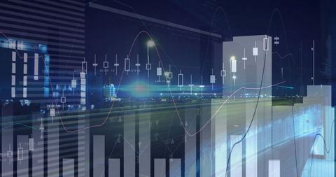 Overlaying Financial Charts on Nighttime Runway Represents Global Market Data