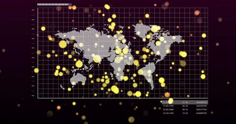 Dot-matrix world map dashboard with glowing golden bokeh and data-readout overlay
