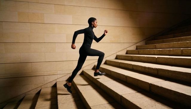Male athlete running up stone stairs wearing fitted black gear casting dramatic shadows