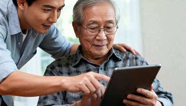 Adult son teaching elderly father tablet use in living room for senior technology support