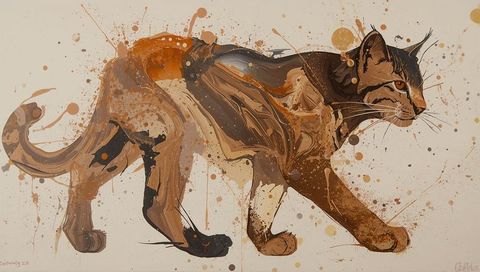 Striding tabby cat composed with splattered brush strokes and marbled texture