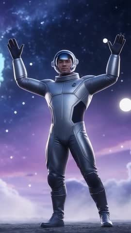 Astronaut Raising Arms Toward Floating Glowing Orbs on Alien Horizon Vertical Video