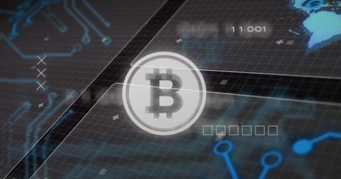 Rotating Bitcoin emblem hovering over futuristic digital dashboard with neon circuits