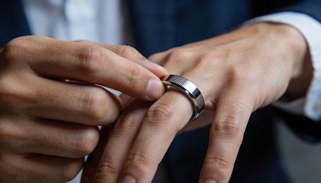 Man sliding silver grooved wedding band off finger with navy suit and white cuff closeup