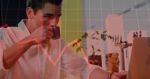 Caucasian Man Analyzing Financial Data on Laptop