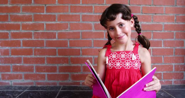 Young Girl Reading Book Against Brick Wall Outdoors - Download Free Stock Images Pikwizard.com