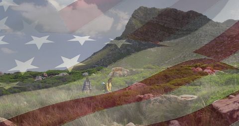 Hiking Couple Under Flowing American Flag