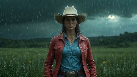 Confident cowgirl standing in stormy field, embracing nature