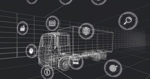 Wireframe truck in virtual grid environment with digital network icons