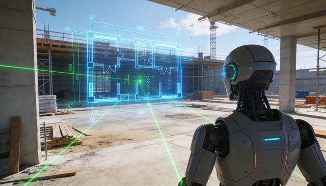 Humanoid Robot Scanning Holographic Blueprint on Construction Site with Laser Grid for AI Inspection