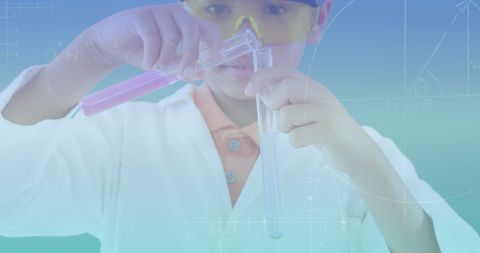 young caucasian boy wearing protective goggles and conducting a science experiment using test tubes. mathematical equations overlaying suggest educational and analytical context. perfect for themes around education, children's science activities, and promoting stem learning.