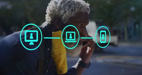 Mature Man Leans in Urban Plaza Using Smartphone Icon Overlay