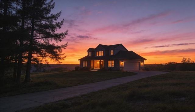 Sunset-lit country house with glowing windows and curved driveway on rolling hill at dusk