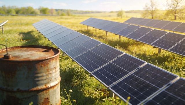 Ground-mounted Solar Panels Bathing in Sun Over Rural Meadow with Rusted Drum Accent