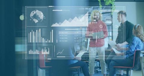 Team Collaborating Over Interactive Data Dashboard on Glass Wall in Modern Office