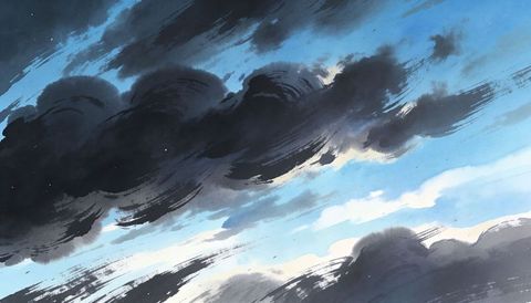 Swirling storm clouds sweeping across blue sky with dramatic brushstroke texture, windswept