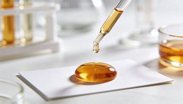 Dropping amber serum forming glossy droplet on white card with glass pipette in laboratory