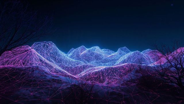 Glowing neon wireframe mountain range under starry synthwave sky with silhouetted trees