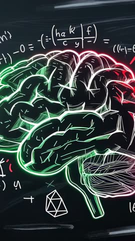 Vertical neon brain animation revealing pulsing neural network with chalkboard formulas