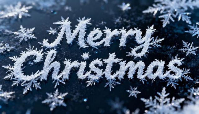 Frosty cursive Merry Christmas lettering from snowflakes on reflective blue background