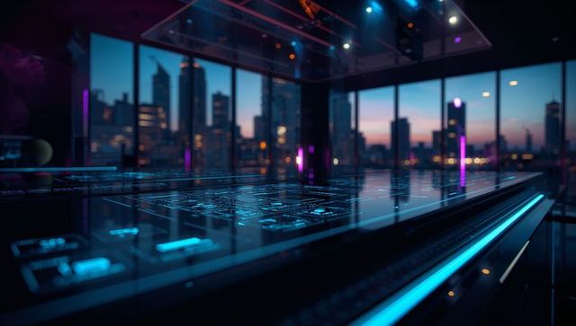 Futuristic control room with neon circuit technology at dusk