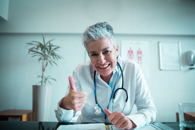 Female doctor giving a thumbs up while having a video call in a hospital room. Ideal for illustrating telemedicine, healthcare services, patient consultations, and modern medical practices. Can be used in medical websites, healthcare blogs, and telehealth service promotions.