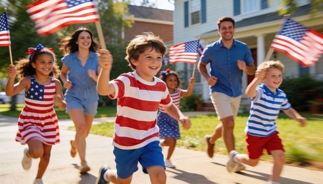 Family running and waving american flags on suburban sidewalk celebrating independence day