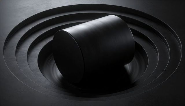 Matte black cylinder resting on layered concentric rings sculptural minimalist design