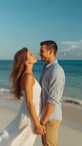 Couple holding hands on beach in gentle breeze vertical video for romance and travel