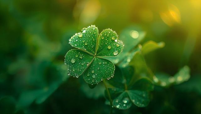 Four-leaf clover with morning dew reflecting golden backlight, macro nature closeup sunlit