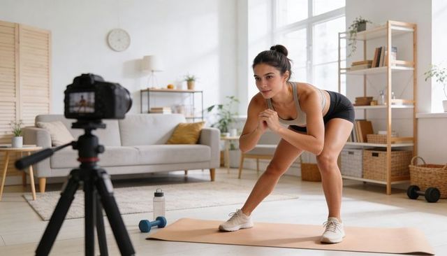 Young woman recording home workout performing side lunge in bright living room