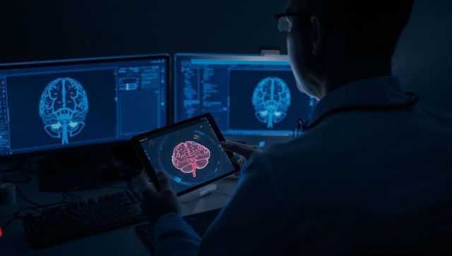Neurologist analyzing 3d brain scan on tablet and dual monitors in dim clinical lab