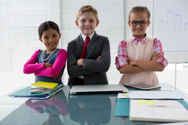 Children dressed in business attire standing confidently in an office environment, smiling and exuding confidence. This image can be used for concepts related to young professionals, future leaders, business education, teamwork, and corporate training. Ideal for educational materials, business presentations, and promotional content highlighting youth empowerment and leadership.