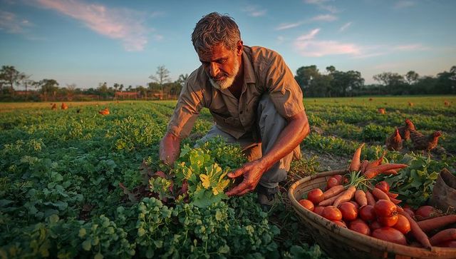 Harvesting at dusk: older farmer bending among greens with basket of carrots and tomatoes