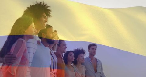 Diverse Friends Embracing Under Colombian Flag Overlay by Sea - Download Free Stock Images Pikwizard.com